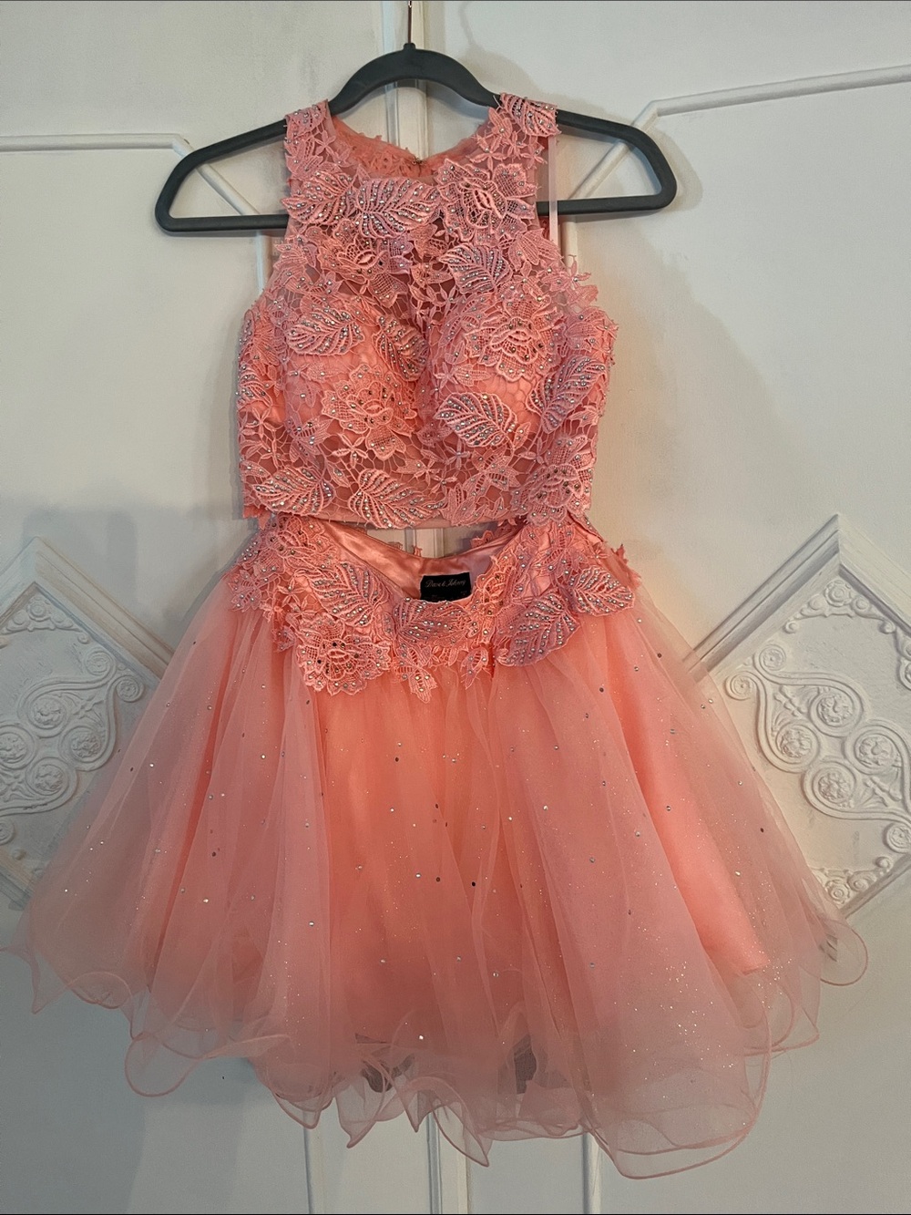 Dave & Johnny Coral Lace Two-Piece Mini Dress